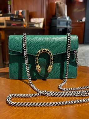 N16 Slightly Used Gucci Dionysus Leather Chain Shoulder Bag Green Mini